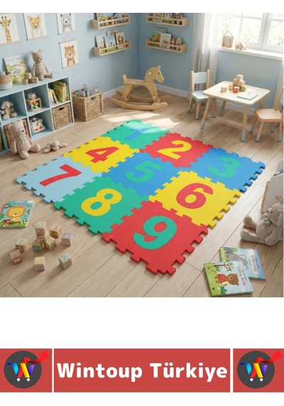 Ev Kreş Çocuk Odası Görsel Algı Eğitici Dayanıklı Esnek Canlı Renk Sayılar Puzzle Yer Matı 9 Parça