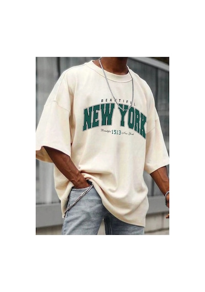 Tarzsokak Göğüs Mega New York Baskılı Oversize Erkek T-shirt Bej