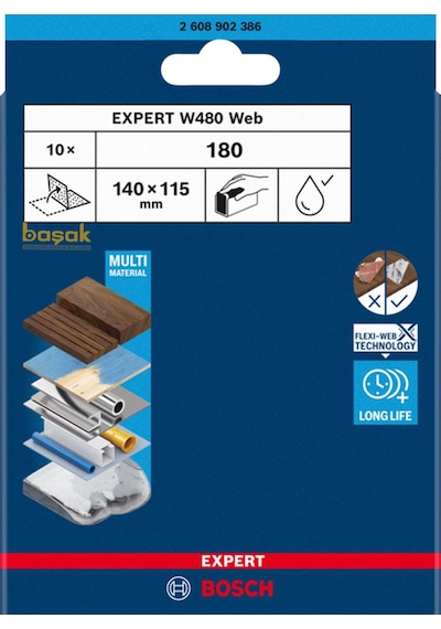 Bosch Expert W480 Web 180 Kum Çok Amaçlı Elde Zımparalama Kağıdı 10'lu 2608902386