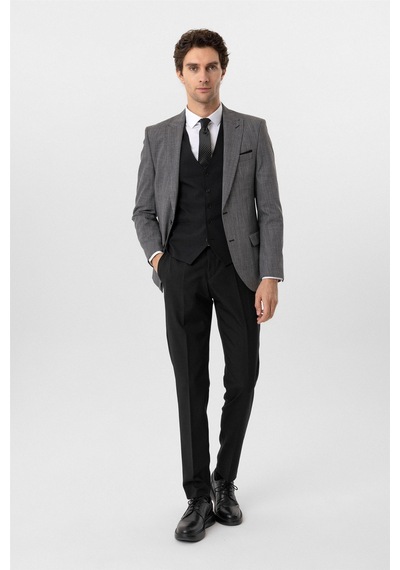 Süvari Siyah Slim Fit Desenli Sivri Yaka 6 Drop Yelekli Klasik Takım Elbise-35685 Siyah