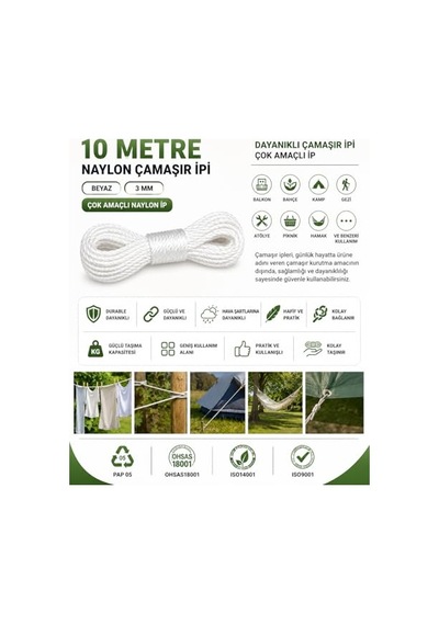 10 Metre Beyaz Naylon İp 3 Mm, Çok Amaçlı Dayanıklı Çamaşır İpi, Kamp Bahçe Balkon Hamak Ve Taşıma Sabitlem Çok Renkli