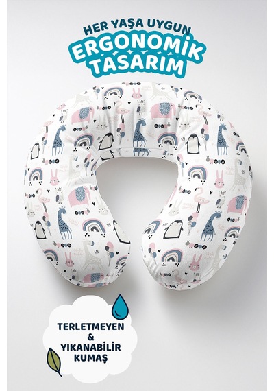 Hayvan Figürlü Pamuklu Boyun Yastığı - Sevimli Pembe Gri Çocuk & Yetişkin Seyahat Yastığı Canlı Ayışığı Koyu Yeşil