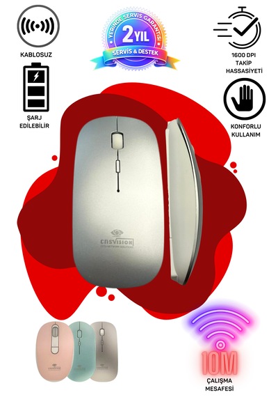 Tablet Telefon Laptop Windows Uyumlu Kablosuz Şarjlı Mouse Gri Diğer