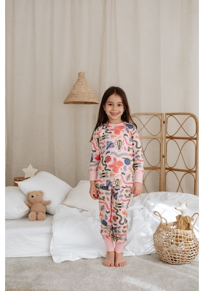 Renkli Böcek Baskılı Color Shapes Çocuk Pijama Takımı Pudra