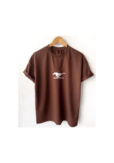 Hırsch Unisex Oversize Kahverengi Bisiklet Yaka Mustang Baskılı T-shirt Kahverengi