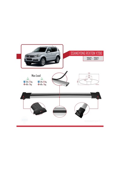 Ssangyong Rexton Y290 2012-2017 Arası İle Uyumlu Fly Model Ara Atkı Tavan Barı Gri 3 Adet Bar