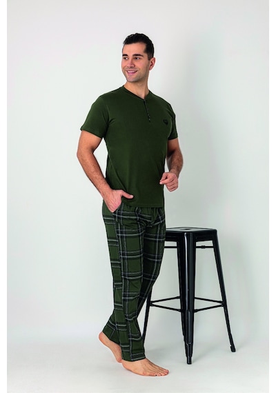 Estiva Erkek Kareli Alt Desenli Haki Kısa Kollu Patlı Penye Pijama Takımı Çok renkli