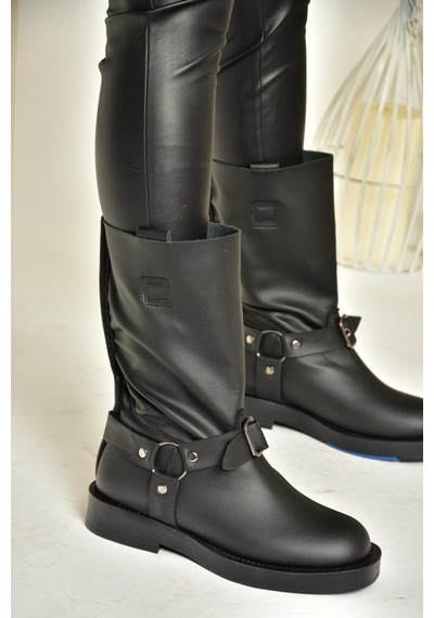 Fox Shoes T973530309 Siyah Alçak Topuklu Kadın Bot Siyah-Suni Deri Siyah