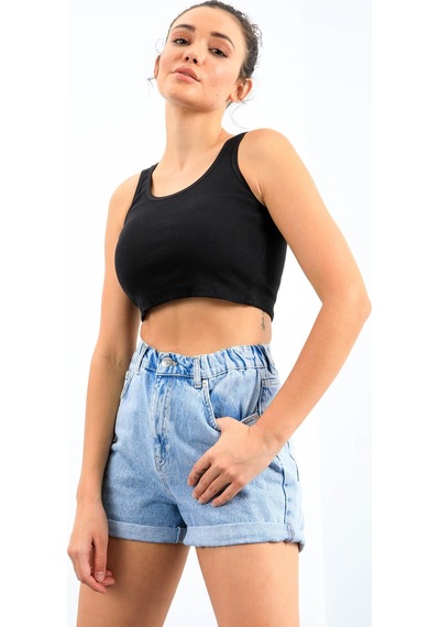 Tommy Life Lacivert Basic Sıfır Kol Dar Kalıp U Yaka Kadın Crop Top Atlet - 97162 Lacivert