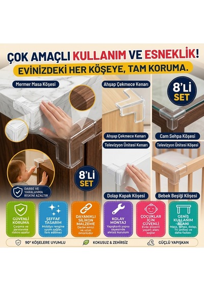 8'li Şeffaf Silikon Masa Köşe Koruyucu Darbe Önleyici Çocuk Güvenlik Koruması Şeffaf Seti