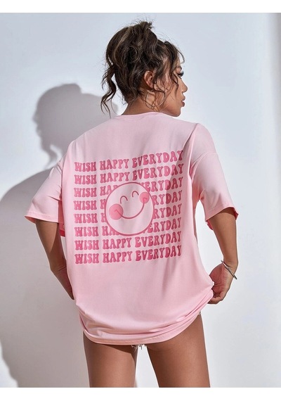 Flood Of Style Kadın Pembe Wish Happy Everyday Baskılı Oversize T-shirt