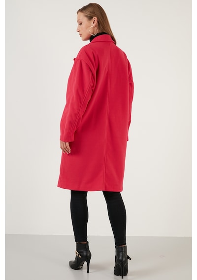 Lela Oversize Çift Düğmeli Kruvaze Yaka Uzun Bayan Kaban 6230043 Fuşya