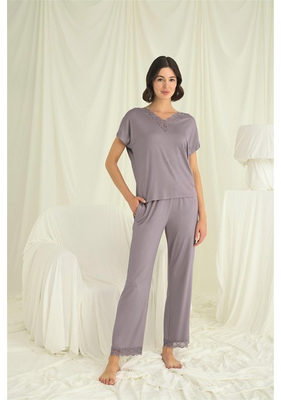 Monamise Kadın Kısa Kollu V Yakalı Dantelli Pijama Takımı 18638 Gri