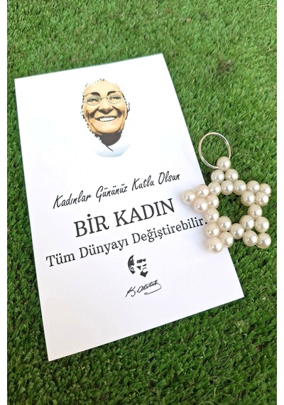 10 Adet Kadınlar Günü Zübeyde Hanım Kartlı İnci Yıldız Anahtarlık - Kadınlar Günü Hediyesi Jelatinli Beyaz