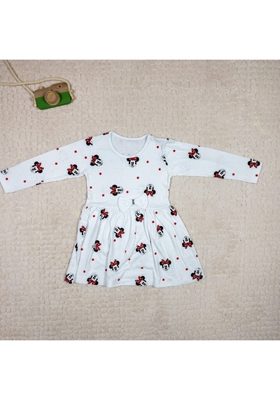 Momikon Kız Çocuk Minnie Mouse Baskılı Kısa Kollu Pamuklu Beyaz Elbise Beyaz
