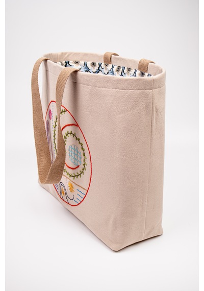 Fabric Craft Bag Omuz Çantası Duck Kumaş Patchwork Sashiko El İşlemeli Günlük Çanta 44x34 Cm Sütlü Kahve