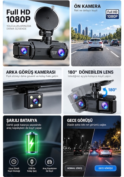 Ön Arka Kamera 1080p Full Hd Wifi 180 Geniş Açı Şarjlı - Lisinya