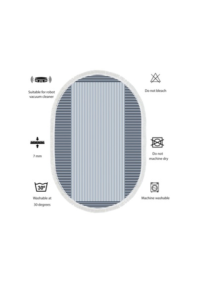 Dijital Kaymaz Yıkanabilir Banyo Mutfak Salon Paspas Halısı Trend Saçaklı Oval Al4023 Indigo