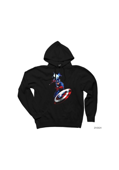 Captain America Mjolnir And Shield Siyah Kapşonlu Sweatshirt Hoodie
