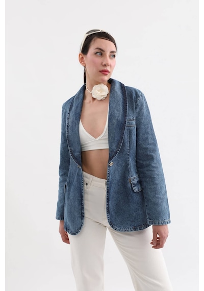 Banny Jeans Kadın Uzun Kollu Tek Düğmeli Jean Ceket Mavi Mavi Xl