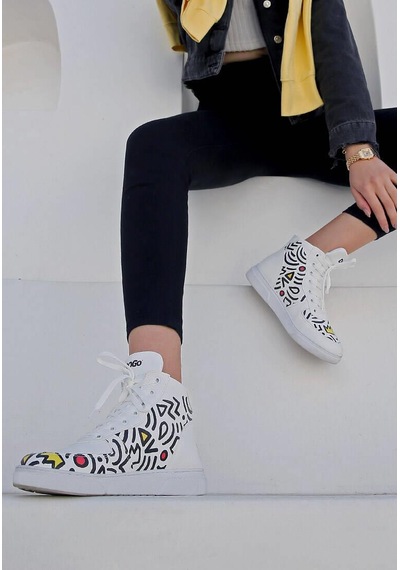 Kadın Vegan Deri Beyaz High Sneakers - Abstract Outline White Tasarım Çok Renkli
