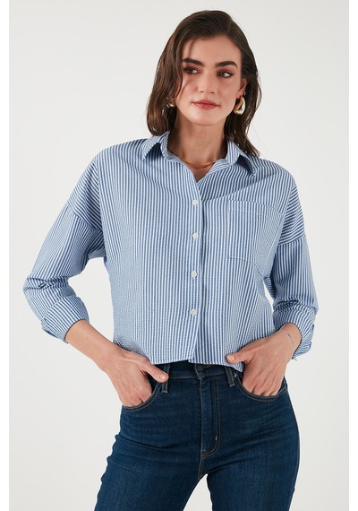Lela Regular Fit Çizgili Göğüs Cepli Dokulu Bayan Gömlek 6772870 Indigo