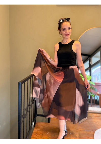 Ali Butik Kahve Batik Desen Asimetrik Şifon Etek