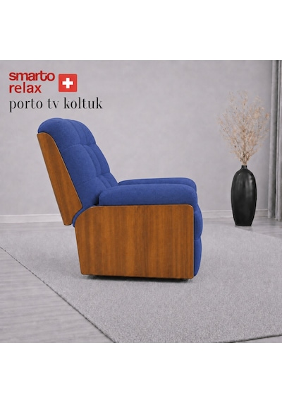 Smarto Relax Porto Tv Koltuğu Ahşap Yan Panelli Döner Ve Elektrikli Döner Sallanan Kontrollü Nefes Alabilir Kumaş Baba Koltuğu Mavi