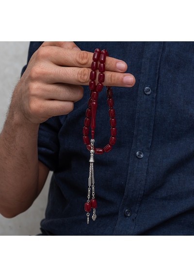 Metal Püsküllü Kapsül Kesim Bordo Sıkma Kehribar Tesbih
