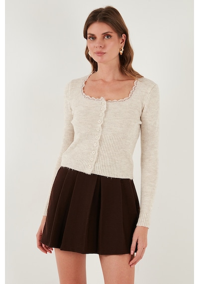 Lela Premium Slim Fit Dantel Detaylı Yaka Örme Bayan Hırka 680Hi00061 Taş