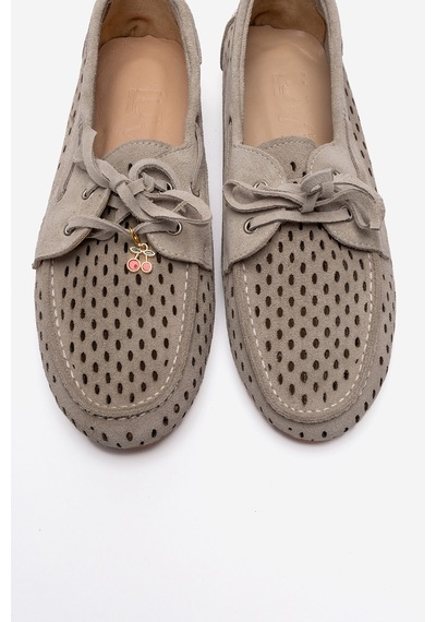 Luvishoes Stevo Bej Süet Hakiki Deri Delikli Bağcıklı Kadın Loafer Ayakkabı