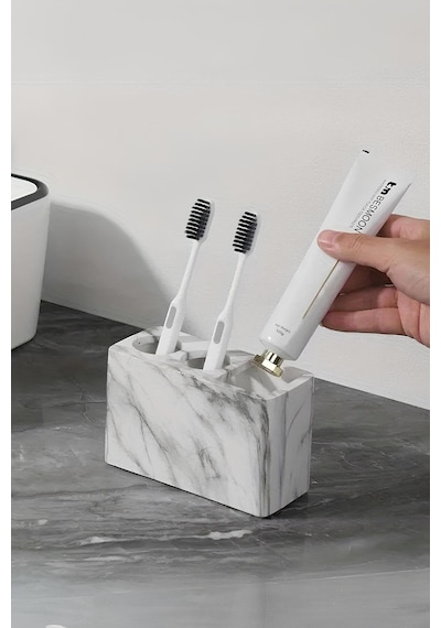 Modern Beton Diş Fırçalık Elektrikli Fırça Ve Macun Standı Banyo Organizeri Siyah Beyaz