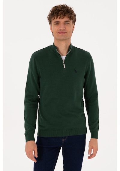 U.S. Polo Assn. Erkek Slim Fit Yarım Fermuarlı Koyu Yeşil Basic Kazak 50313695-VR079