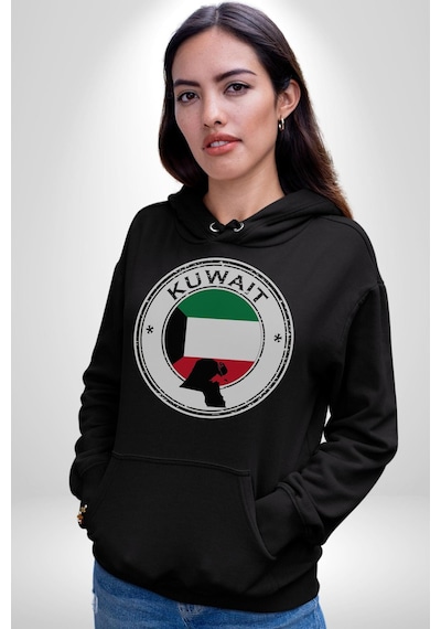 Kuveyt Bayrağı Kadın Erkek Siyah Kapüşonlu Sweatshirt Hoodie Siyah