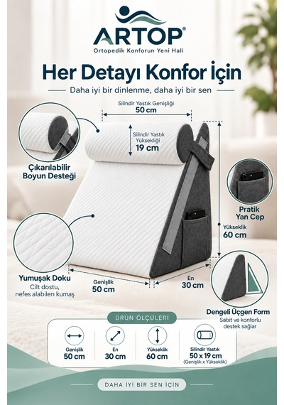 Çok Amaçlı Sırt Destek Yastığı Çıkarılabilir Boyun Yastıklı, Yan Cepli, Fermuarlı Kılıflı 2 Parça Üçgen Destek Minderi Beyaz