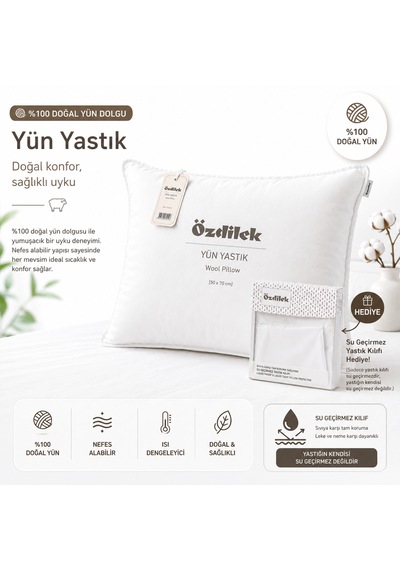 Özdilek %100 Doğal Yün Yastık 50x70 Cm Nefes Alan, Isı Dengeleyici Premium Uyku Yastığı + Su Geçirmez Yastık Kılıfı Hediyeli Krem
