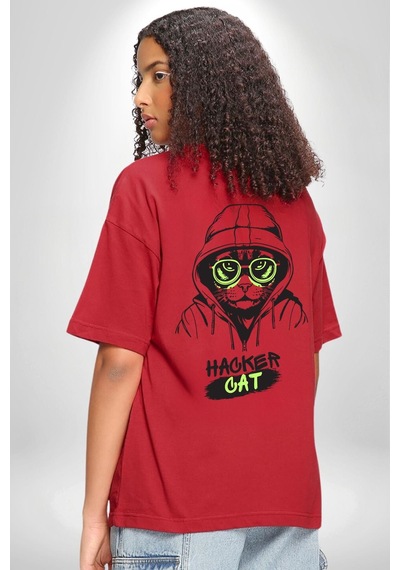 Hacker Kedi Bilgisayar Korsanı Yeşil Gözlük Kırmızı Oversize Unisex Ön Ve Sırt Baskılı Tişört Kırmızı