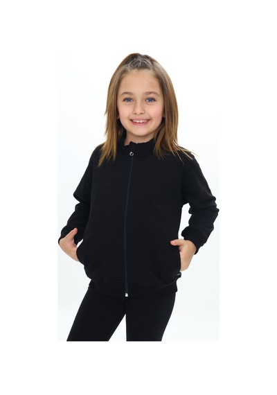 Toontoy Kız Çocuk Dik Yaka Fermuarlı Cepli Reglan Kol Örme Hırka - 2 İplik Siyah
