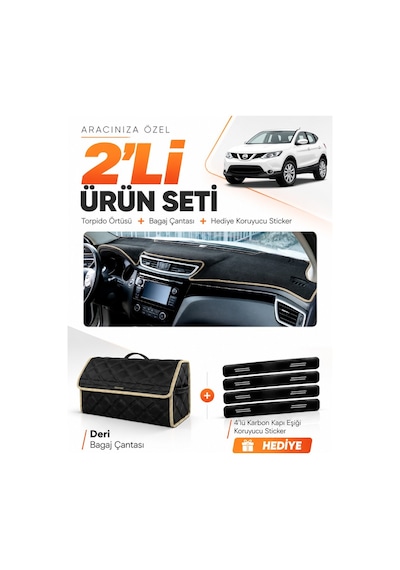 Nissan Qashqaı J11 2013-2020 Uyumlu Torpido Örtüsü + Deri Bagaj Çantası + Sticker Seti - Siyah Bej