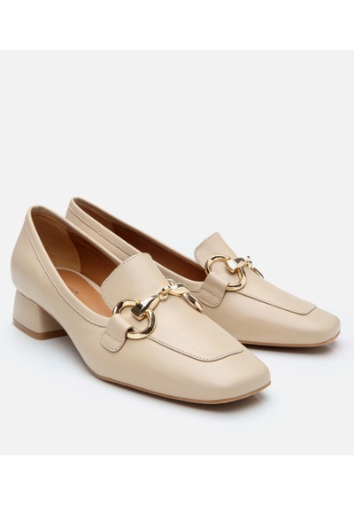 Hotiç Kadın Deri Bej Tokalı Kalın Topuklu Klasik Loafer