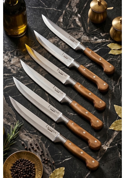 Lazbisa Mtf-048 Hand Craft Mutfak Bıçak Seti Et Ekmek Sebze Meyve Doğrama Bıçağı 6 Lı Günlük Kullanım Kırmızı