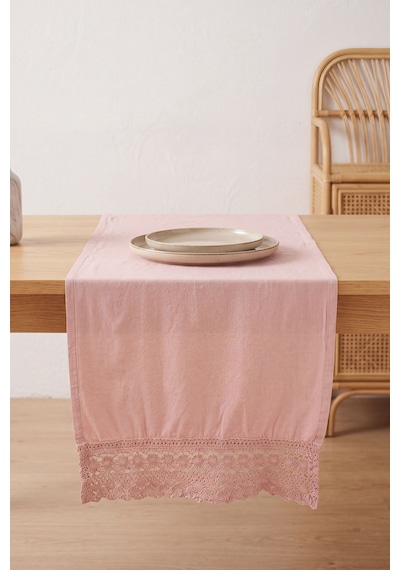 Pudra Lacy Pamuklu Dantelli Runner 40x150 Cm Pembe