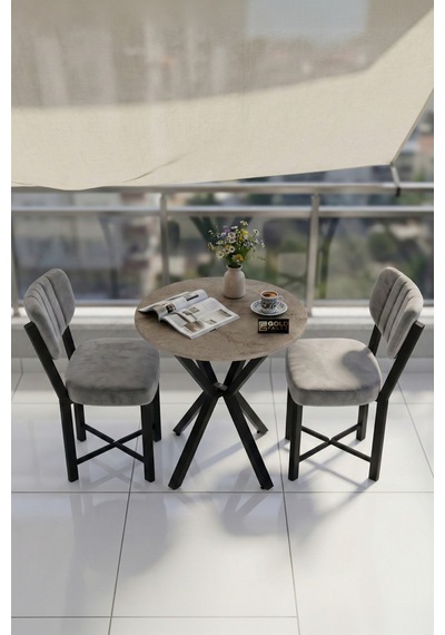 Mutfak Masası 70 Çap 2 Sandalyeli Traverten Görünümlü Balkon Bahçe Cafe Masa Seti Elma Gri