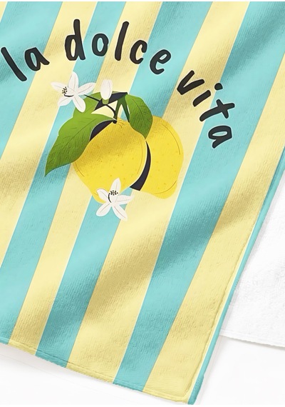 Çizgili Limon La Dolce Vita Temalı Mikrofiber Plaj Havlusu - Akdeniz Sarı Turkuaz Banyo Sahil Örtüsü Mat Porselen