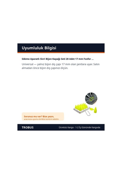 Trobus Sökme Aparatlı Sivri Bijon Kapağı Seti 20 Adet 17 Mm Fosfor Yeşil