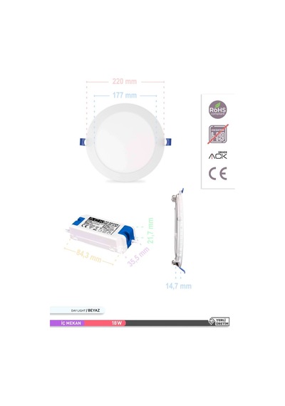 ACK Sıva Altı Yuvarlak LED Panel Armatür 6500K 18W AP01-01830 Beyaz
