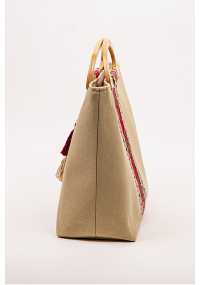 Fabric Craft Bag El Çantası Kahverengi Duck Kumaş Ahşap Saplı Kahverengi - Sütlü Kahverengi