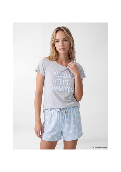 Lcw Dream Mavi Baskılı Kadın Şortlu Pijama Takımı