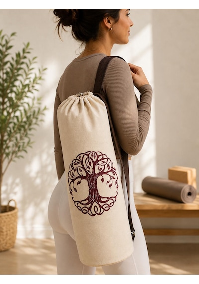 Yoga Mat Taşıma Çantası Hayat Ağacı Lotus Namaste Desenli Hambez Kanvas 70x21 Cm Kahverengi