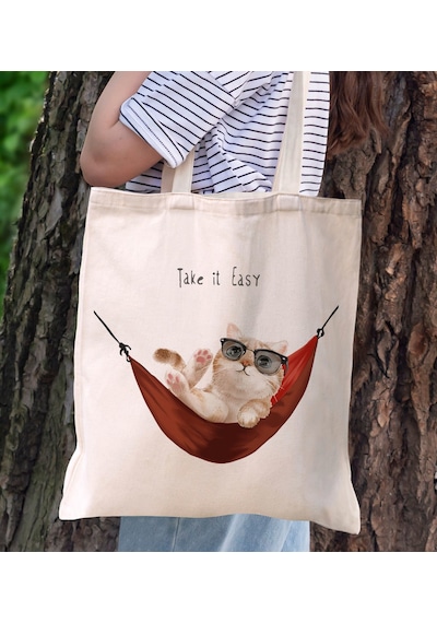 Bk Gift Kedi Tasarımlı Kanvas Bez Çanta, Baskılı Omuz Çantası, Alışveriş Çantası, Plaj Çantası, Arkadaşa Hediye-2 Sarı